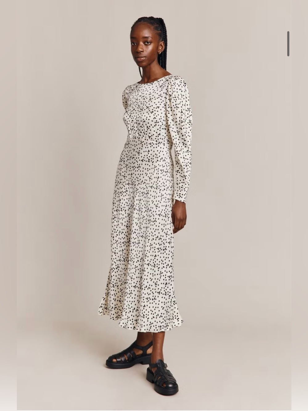 GHOST LONDON Rosaleen Satin Midi Dress in Cream with Black Polka Dots size XS
